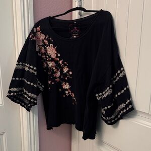 Johnny Was Black Top with Floral Embroidery